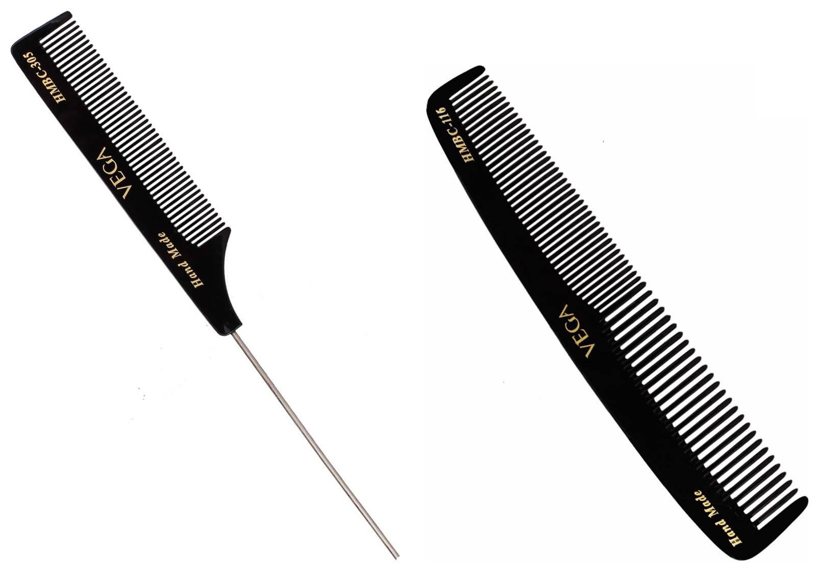 Vega Graduated Dressing Comb, black, 30 g & Vega Tail Comb with Steel Pin and Fine Tooth, Black
