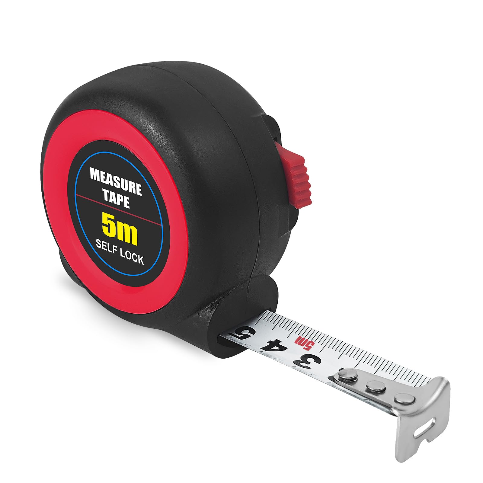 5 m x 19 mm Cinta Métrica, Cinta métrica con cierre automático, Cinta de Acero Resistente, Revestimiento Duradero, Estuche bimaterial ergonómico, Clip para cinturón y cordón de nailon