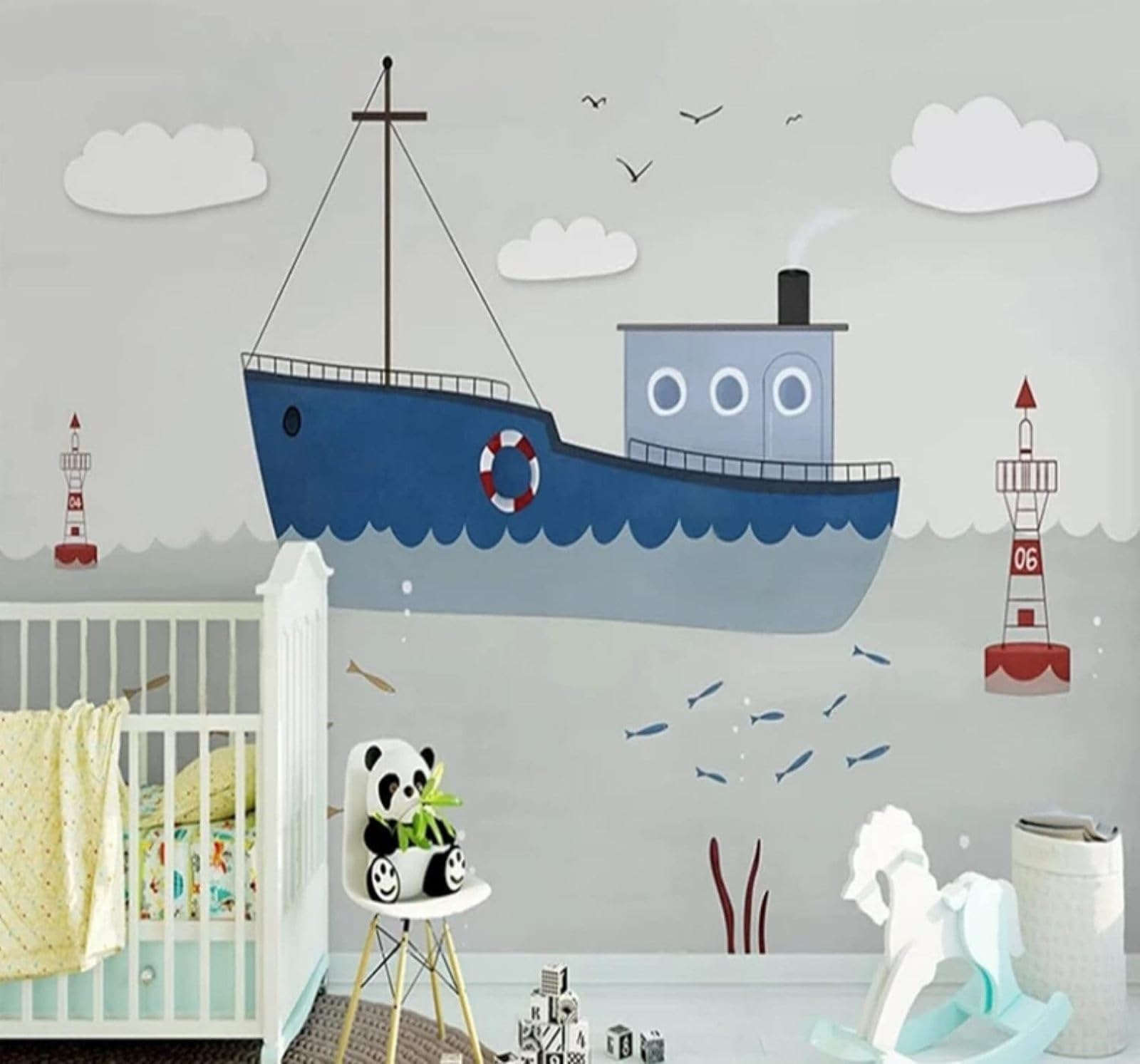 Wallpaper-3D-Xlm 430Cm×300Cm(B×H) Cartoon Ocean Sailing Ship Lighthouse Seascape 3D Wallpaper Easy Install Feature Office Living Room Sofa Bedroom Tv Background Wall Decoration-430Cm×300Cm