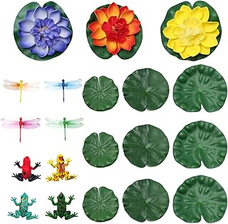 Sixfolo 20 Pcs Artificial Floating Water Lilies,Artificial Lotus Foam Flower Fake Water Lilies with Plastic Dragonfly Frog Lily Pads for Pond Pool Aquarium Water Decor(10cm,15cm,18cm)