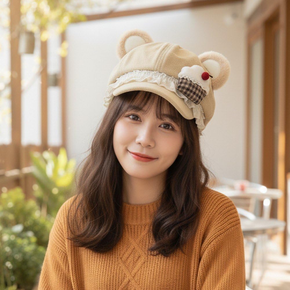 Béret Lolita Sweet pour Femme, Béret d'hiver en Dentelle, Bonnet À Oreilles d'ours Mignon, Chapeau De Peintre À Gâteaux en Dentelle, Accessoires pour Kawaii