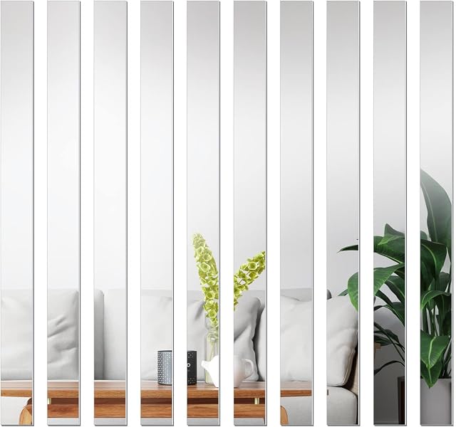 Mirror Tiles ,TUOYECHEN Mirror Stickers Stripe Self Adhesive Mirror Removable Long Acrylic Stick on Mirror for Home Living Room Bedroom DIY Decor (10Pcs ) (Sliver-50)