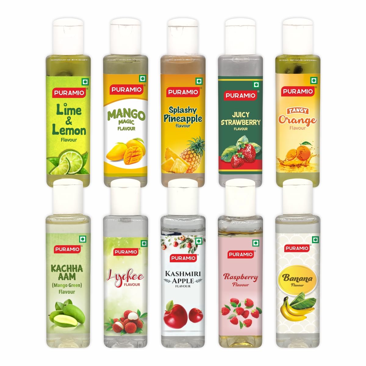 PURAMIO Concentrated Fruit Flavours, 30ml Each (Pack of 10)- Lime & Lemon, Mango Magic, Splashy Pineapple, Juicy Strawberry, Tangy Orange, Kachha Aam, Lychee, Apple, Raspberry, Banana (B092MN2N15) Amazon Price History, Amazon Price Tracker