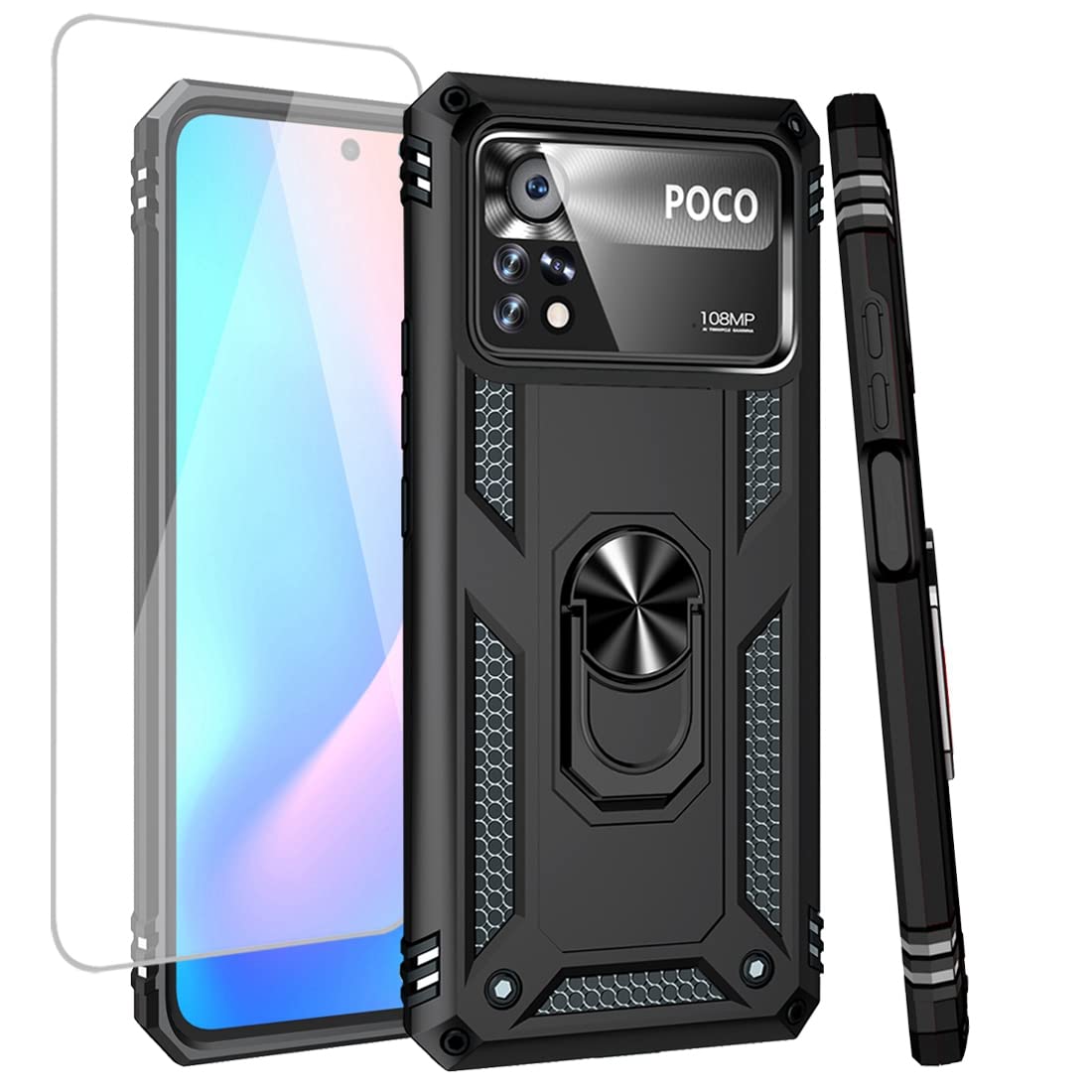 Zoeirc for Poco X4 Pro 5G Case, 2201116PG Case with Tempered Glass Screen Protector, [Military Grade] Magnetic Car Ring Holder Kickstand Protective
