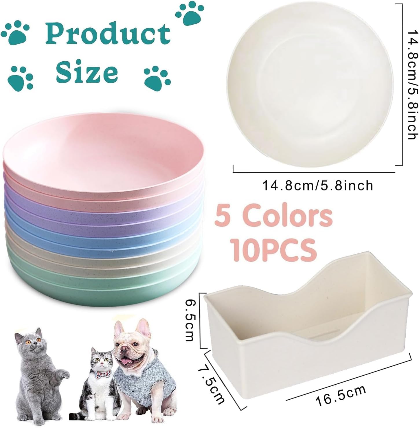 Zikenis 10 stuks kattenbak, platte kattenbak, kattenkom, kleurrijke kattenvoerbakset, ronde kattenborden, eetbak kat, kattenplaat voor kittens en korte poten katten