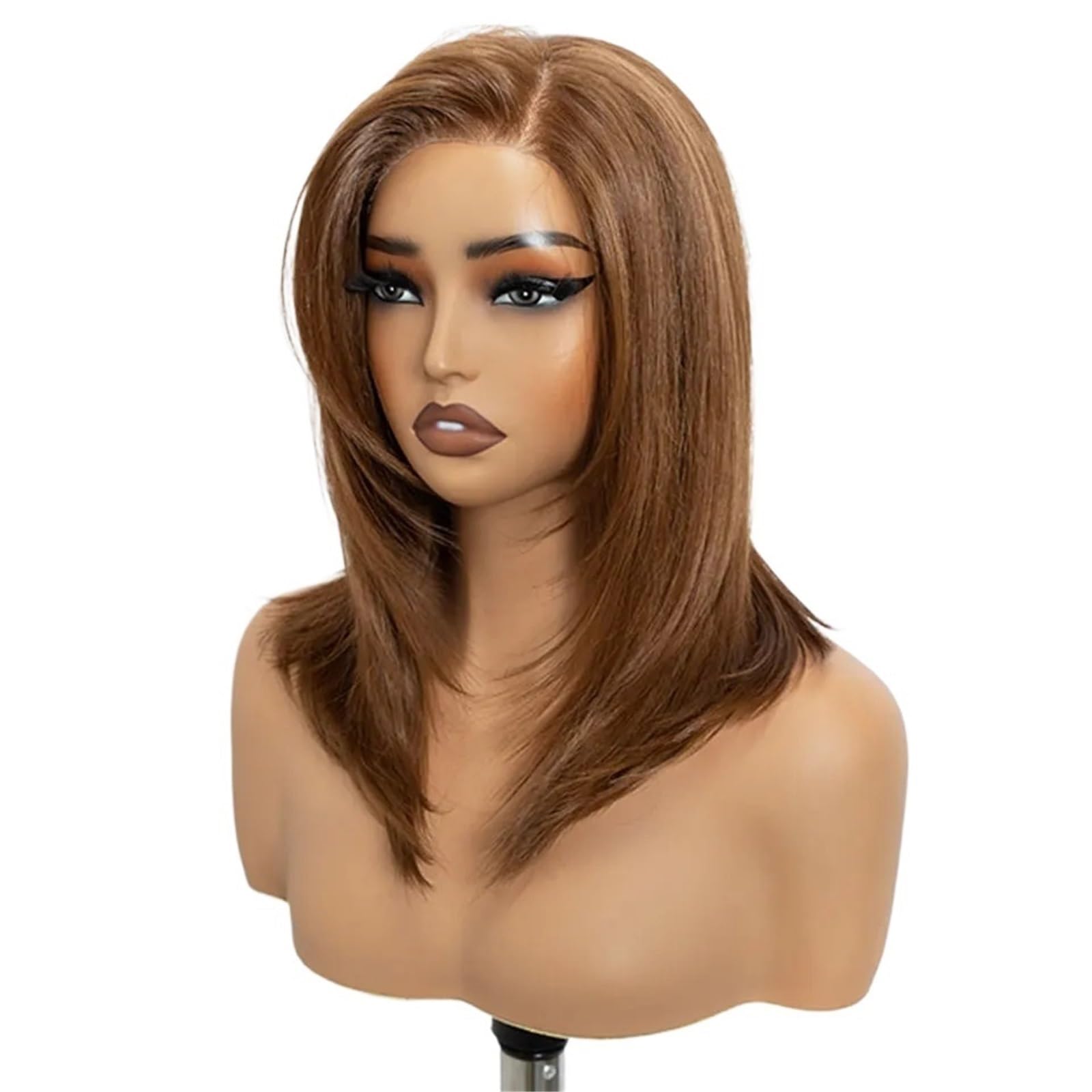 Pelucas de pelo Peluca frontal de encaje 13x3, raya libre, bob pre-depilado, 16", liso, en capas, ombré marrón