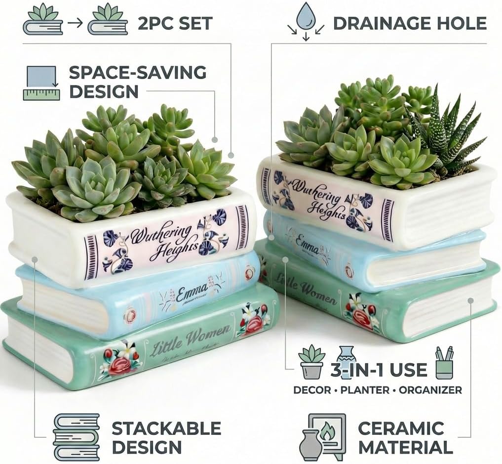 2 Pack Ceramic Book Shaped Planter Pot, Vintage Literary Flower Vase with Drainage Hole for Bookshelf Decor, Aesthetic Succulent Pot for Book Lovers, Fits Tight Spaces and Library Nooks