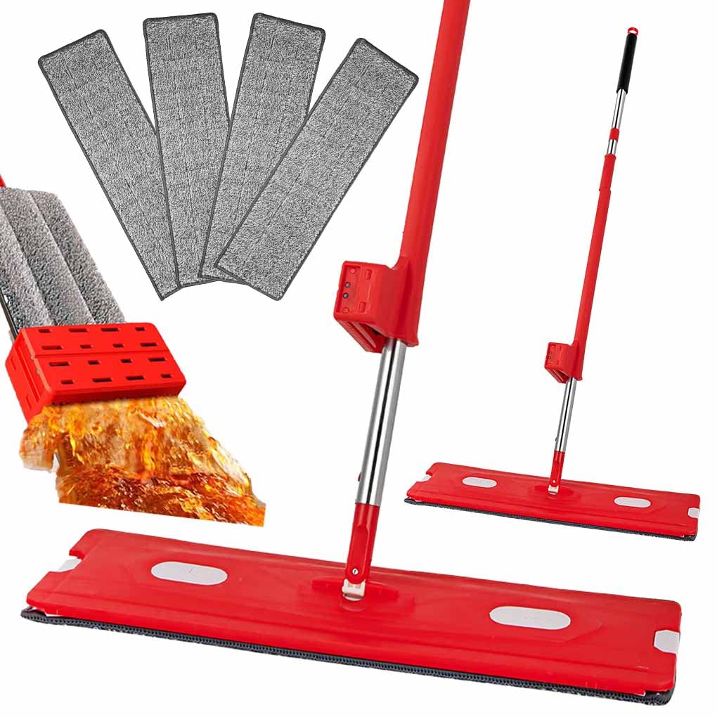 Trapeador plano con 4 almohadillas de microfibra lavables, limpieza de suelos rojos, mopa perezosa manos libres, panel XL para madera dura, mármol, cemento, azulejos