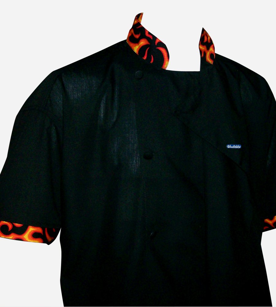 Chefskin 5X XXXXXL Chef Jacket Flames Short Sleeve Black Super Lightweight Cool Fresh