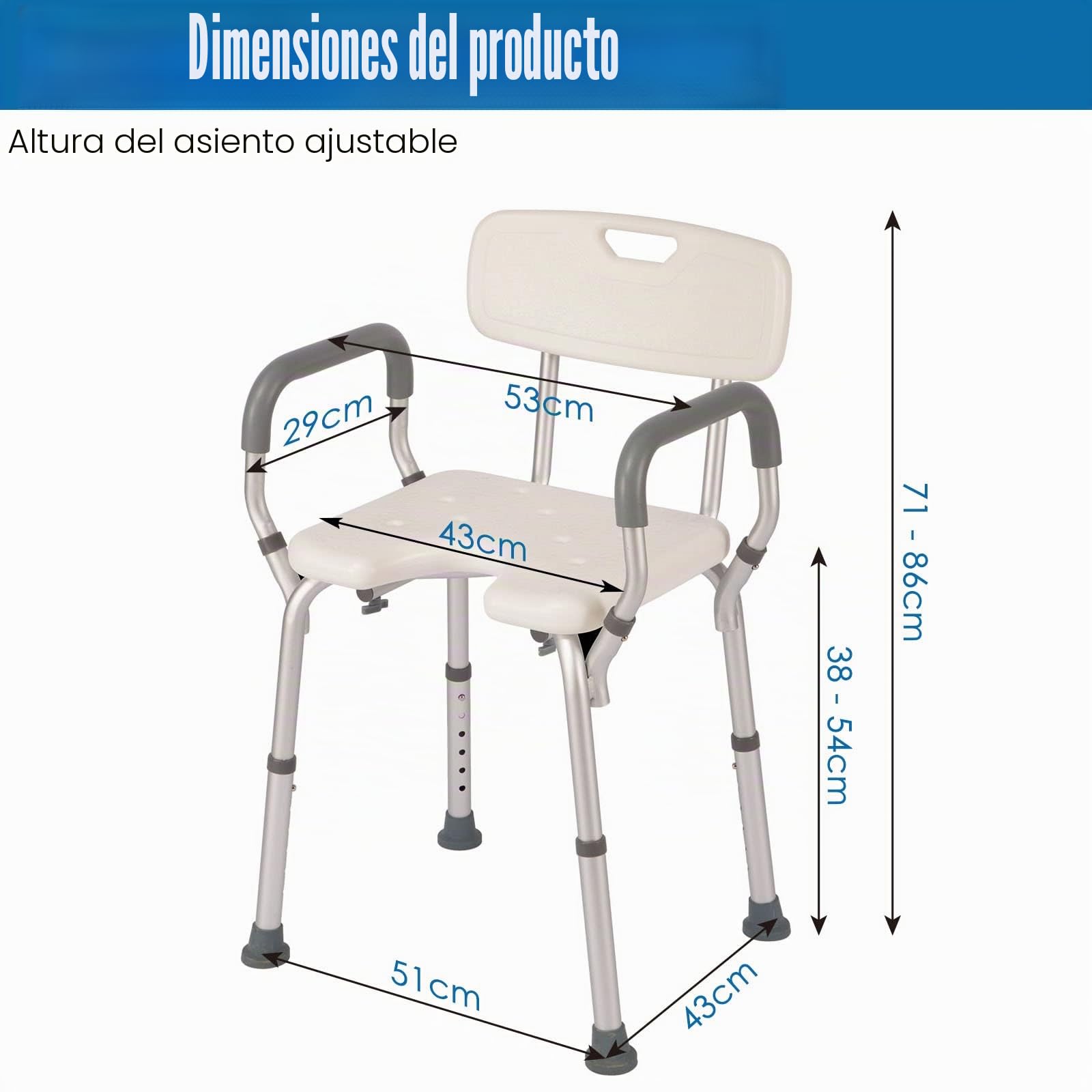 EasyVibe Silla de Ducha para Personas Mayores Con Reposabrazos y Respaldo - Asiento de Baño Sin Herramientas, Altura Ajustable, Capacidad