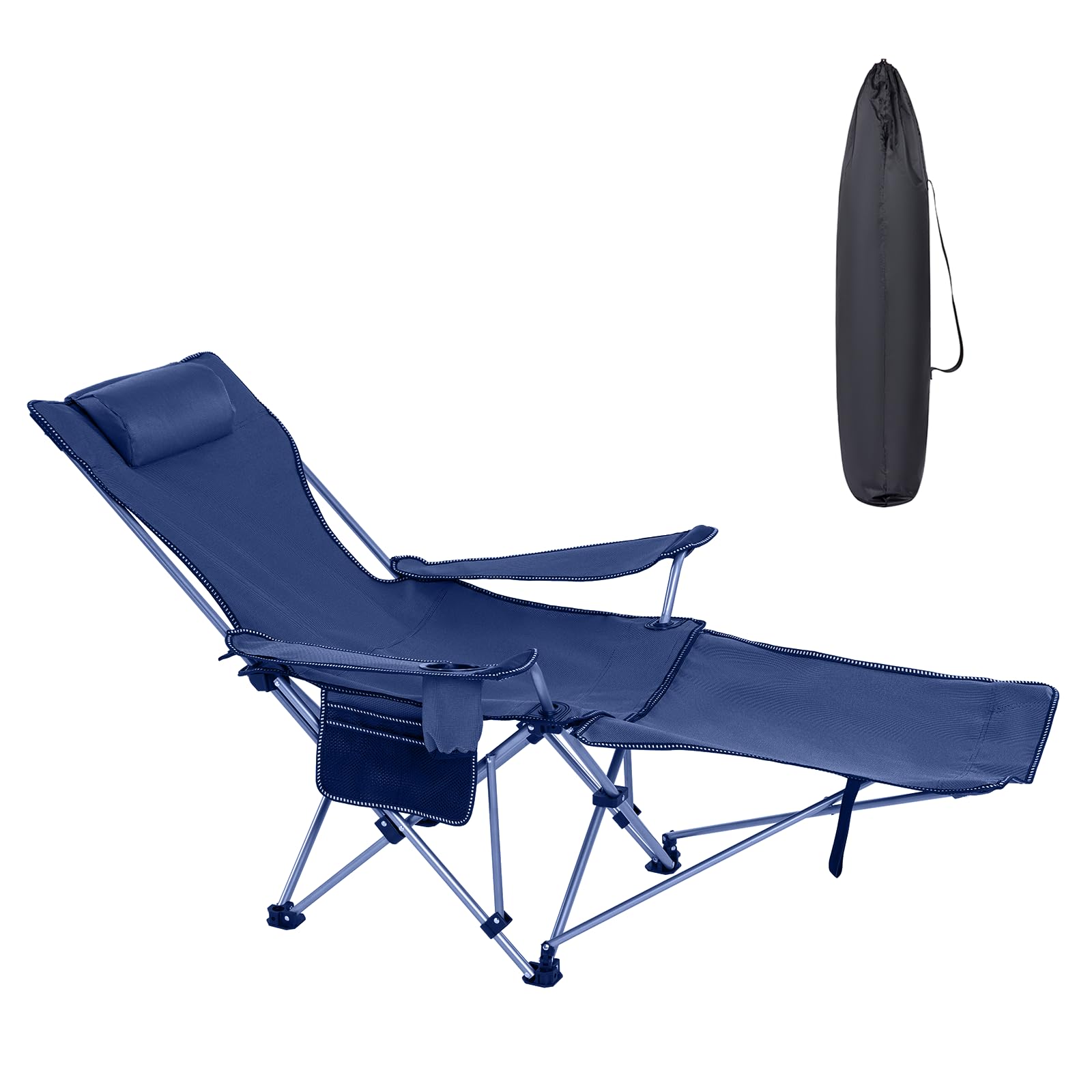 reclining camping chair with footrest, folding lawn chair with adjustable backrest side pocket cup holder and carry bag for camping beach outdoor activities, support 330lbs, blue