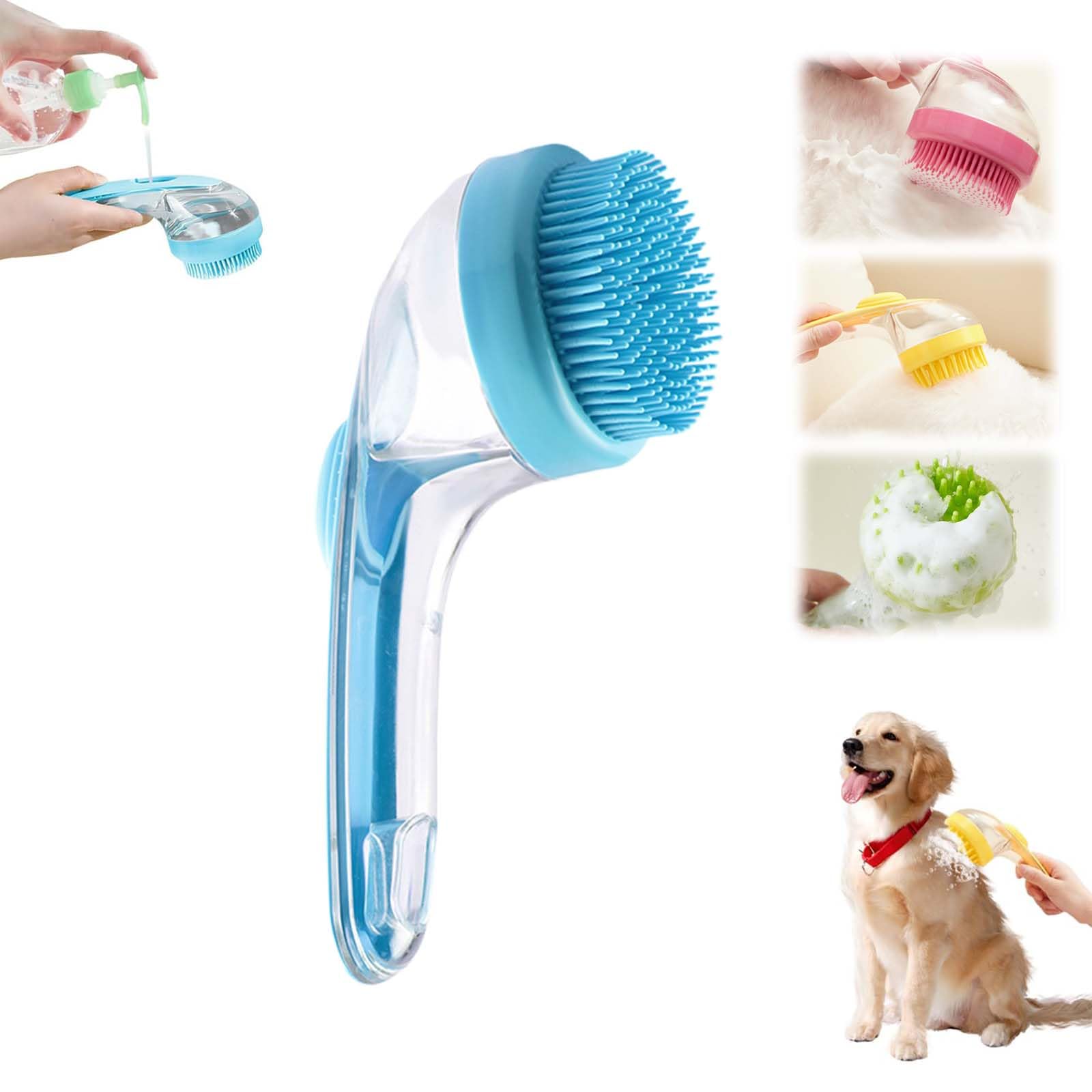 Yilia Pet Bath Brush, 2025 New 2 in 1 Dog Bath Brush with Built-in Shampoo Dispenser, Pet Wash Brush for Bathing Dog Grooming Massage Brush for Long Short Haired Dogs Cats Shower (Blue, Fine Teeth)