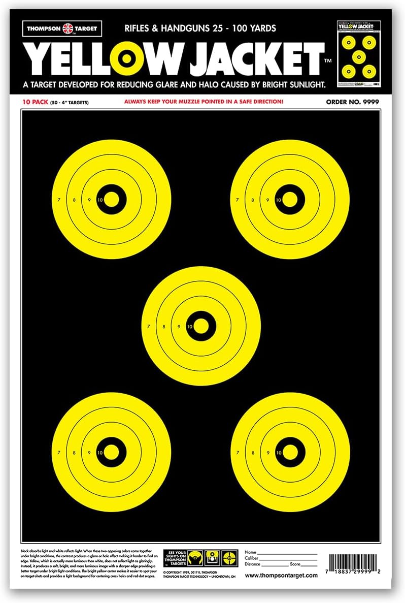 Thompson Target Yellow Jacket Premium Ultra Bright Bullseye Paper Shooting Targets for Range Training - Made in The USA