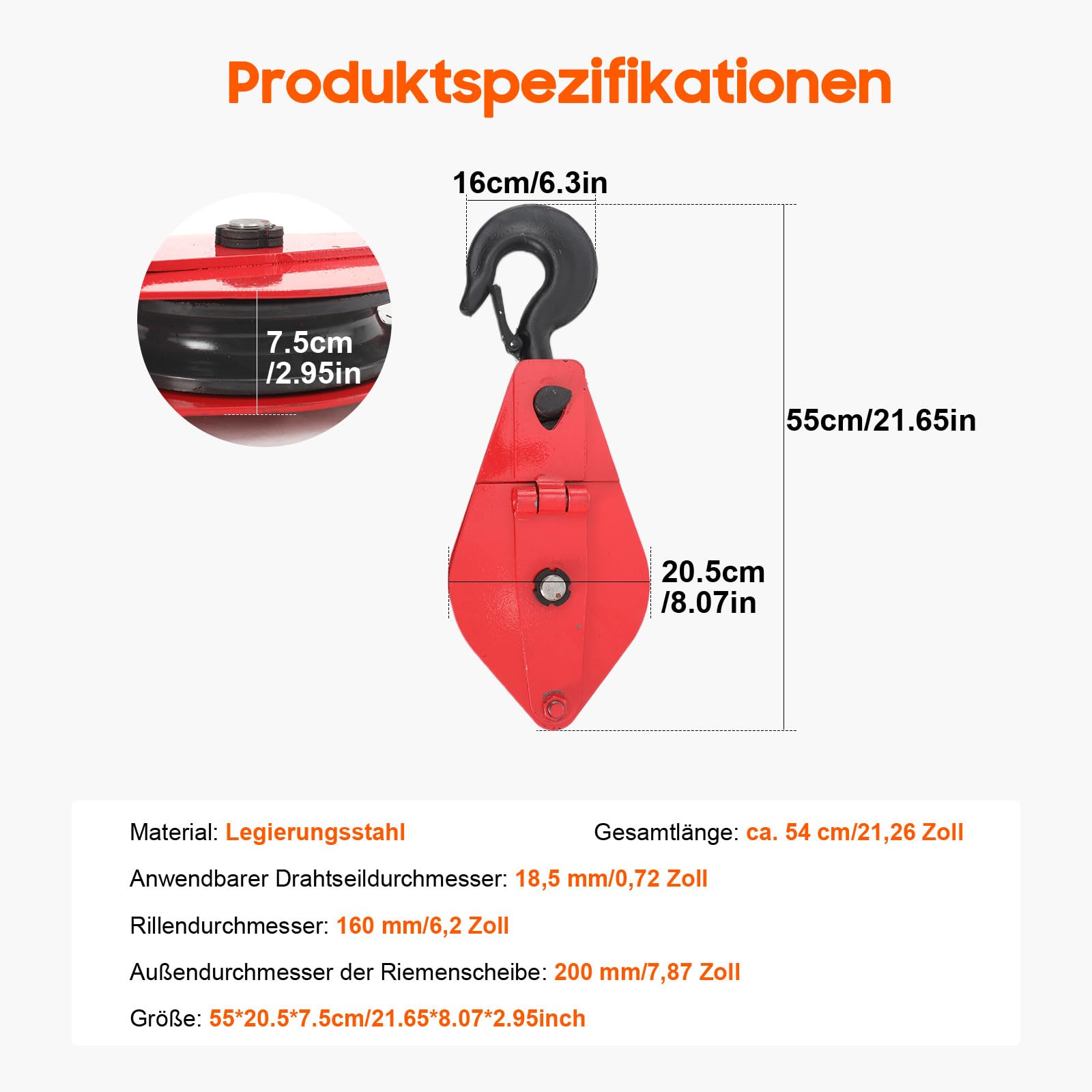 Riemenscheibe mit Haken - 5 Tonnen Umlenkrolle mit Haken | Haken-Riemenscheibe Heberolle Schwerlastzug, Hochfeste Seilwinde für ein 18,5 mm Drahtseil, 21.65*8.07*2.95inch