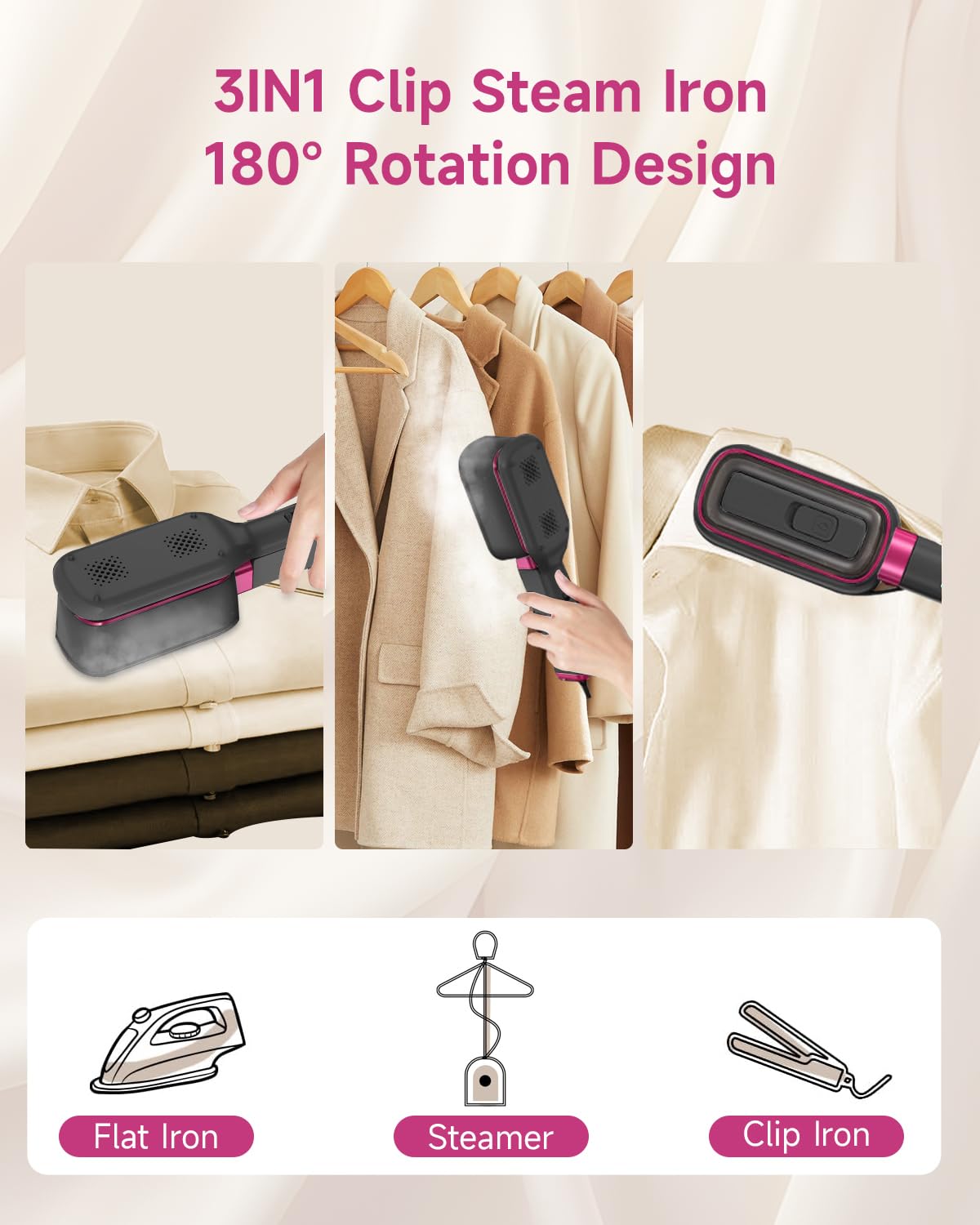 J&J EASIER, FASTER 3-in-1 Travel Press Iron Steamer for Clothes, 1000W, 20s Fast Heat Up, 180° Rotating, Portable Handheld Clamp & Vertical Steamer, 65ml Tank, Gray