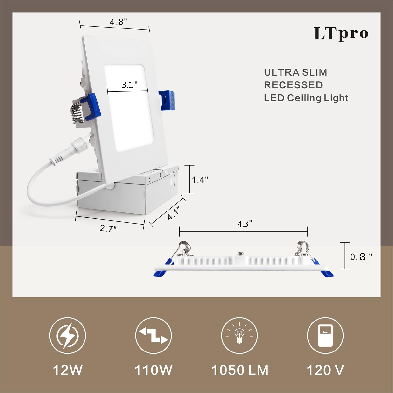 4 Inch Square Led Recessed Ceiling Light with Junction Box,Dimmable Ceiling Light Selectable 2700K-5000K,Square Recessed Led Lights for Shower,Square White Slim Panel Light (4 Pack)