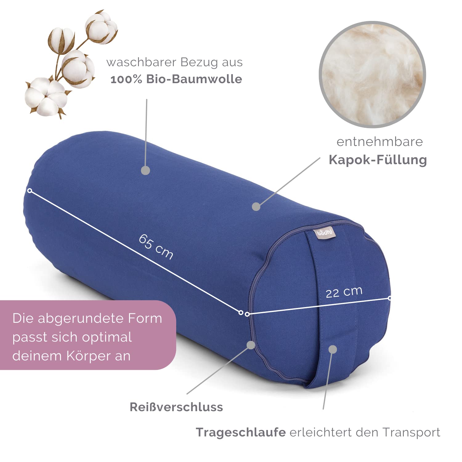 Bodhi Coussin de yoga | Série Eco | Rouleau de yoga avec rembourrage en kapok | Housse lavable en 100 % coton bio | Coussin de yoga pour yoga restaurable | Grand 65 x 22 cm