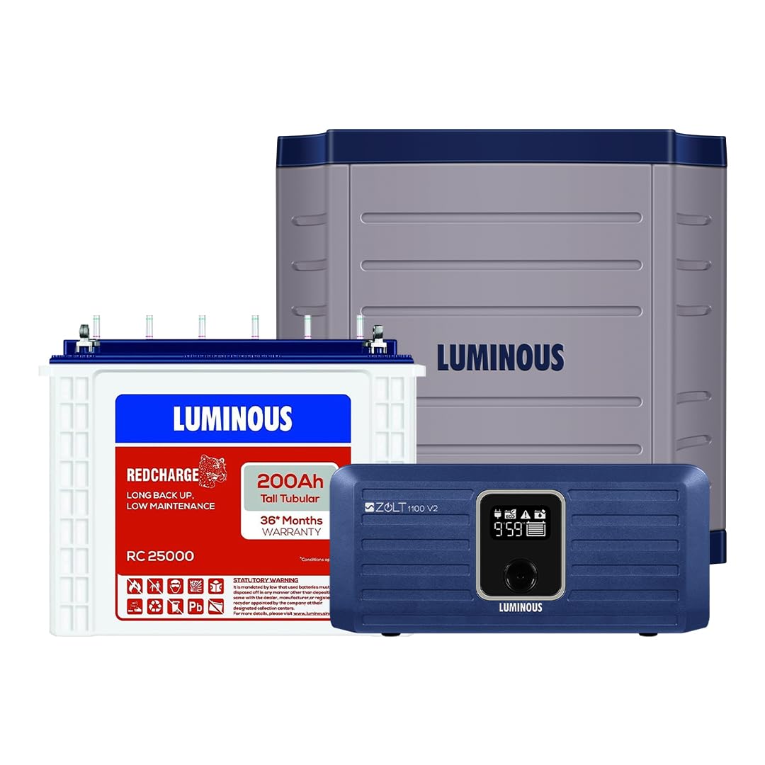 Luminous Inverter & Battery Combo for Home,Office & Shops Zolt 1100 Pure Sine Wave 900VA/12V Inverter with RC 25000 Tall Tubular 200Ah Battery & Trolley Warranty:24 months(Inverter)36 months (Battery)