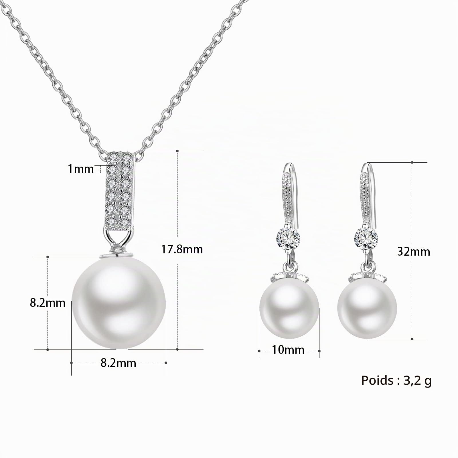 Parure Bijoux Femme Mariage, 925 Argent Bijoux Collier Perles Boucle d'Oreille Perle Mariée Soirée Accesoire Pendentif Cadeau de Noël Anniversaire