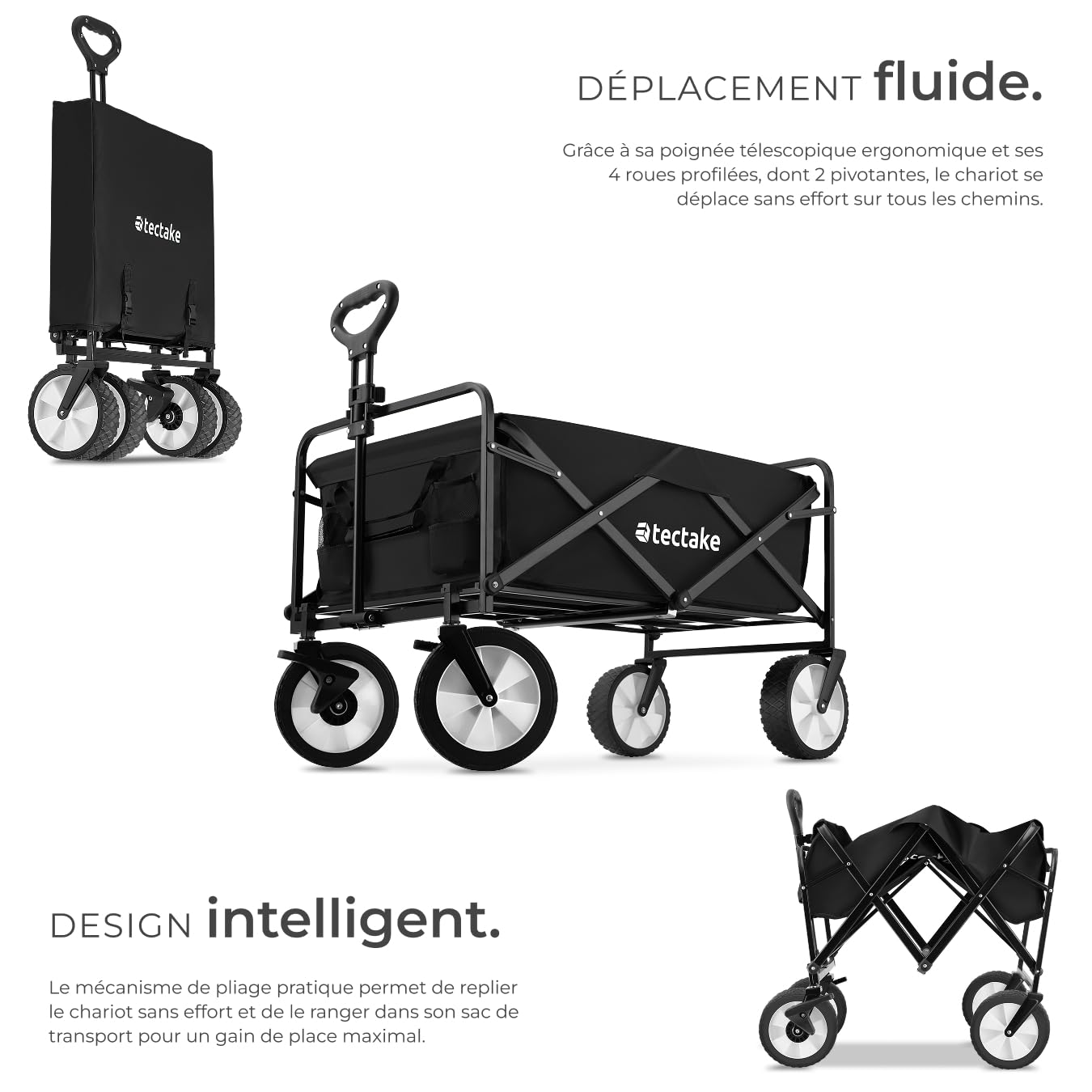 tectake® Chariot à roulettes Chariot de Transport Pliable pour Transport Enfant, Plage, Festival, Camping, Courses, Chariot de Jardinage, Promenade - Noir