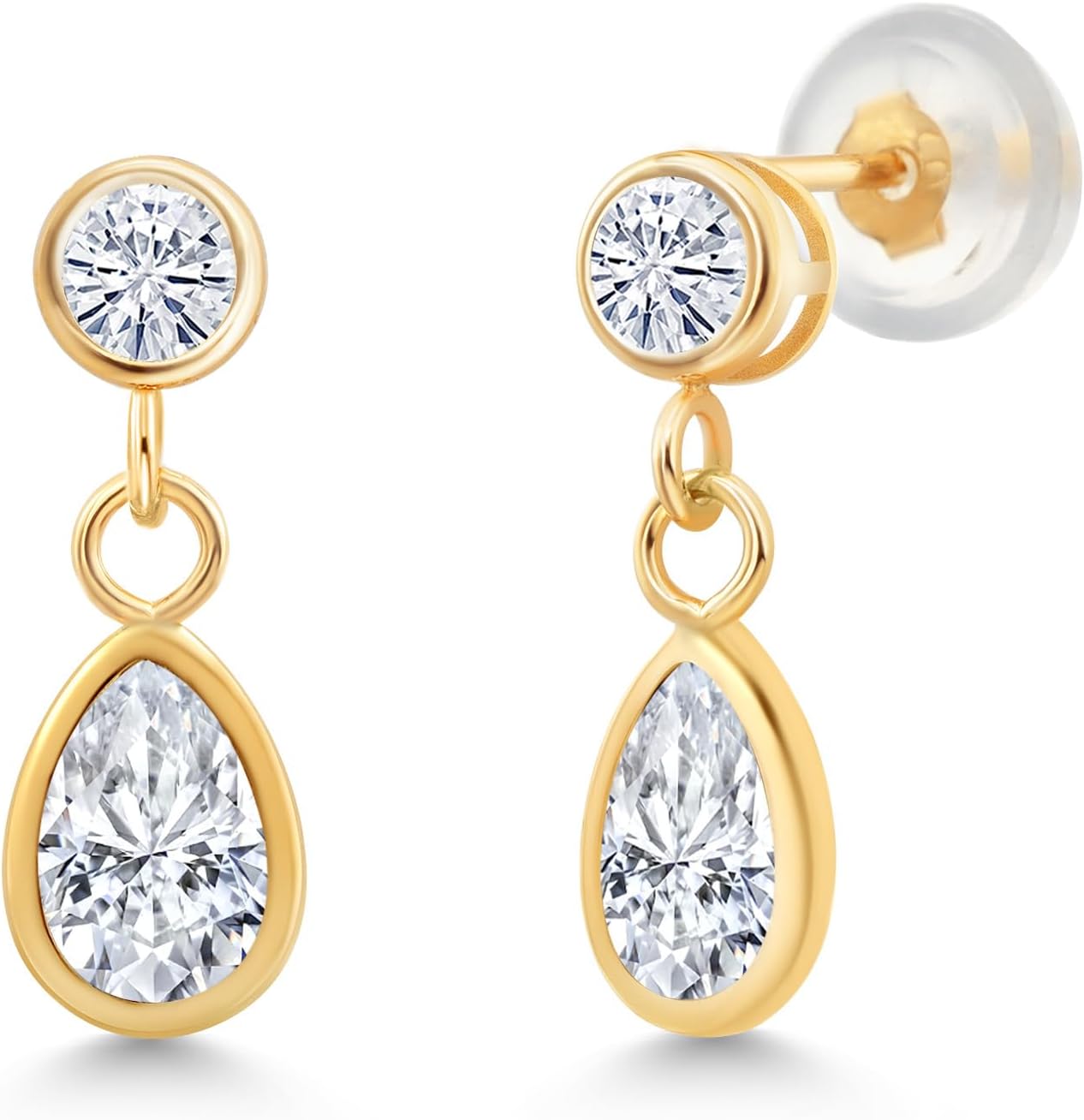 Gem Stone King 14K Yellow Gold White Moissanite Dangle Earrings For Women | 1.00 Cttw | Gemstone Birthstone | Pear Shape 6X4MM and Round 3MM