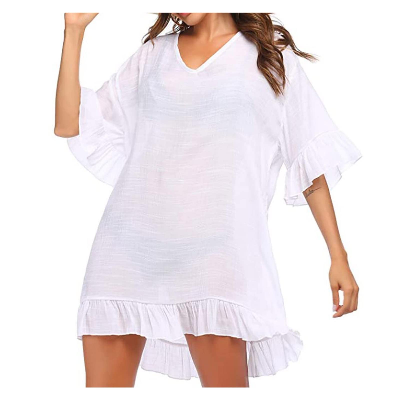 ZZSRJ Copertina da Bagno Femminile in Spiaggia Solid Summer Swimsuit Beach Dress Cape Beach Swimwear Cape (Color : White, Dimensione : M)
