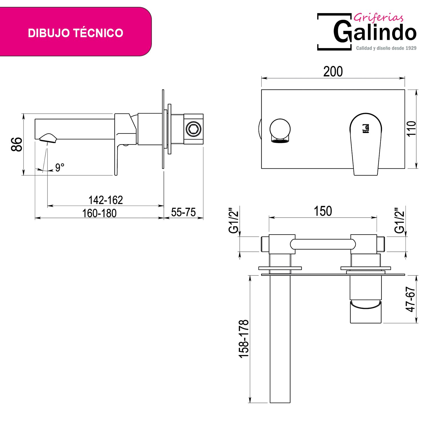 Galindo - Grifo Empotrado Lavabo - Aroha - Mod. 4605611 - Blanco - Monomando para Instalación en Pared - Caudal con Aireador de 12 l/min - Latón Cromado