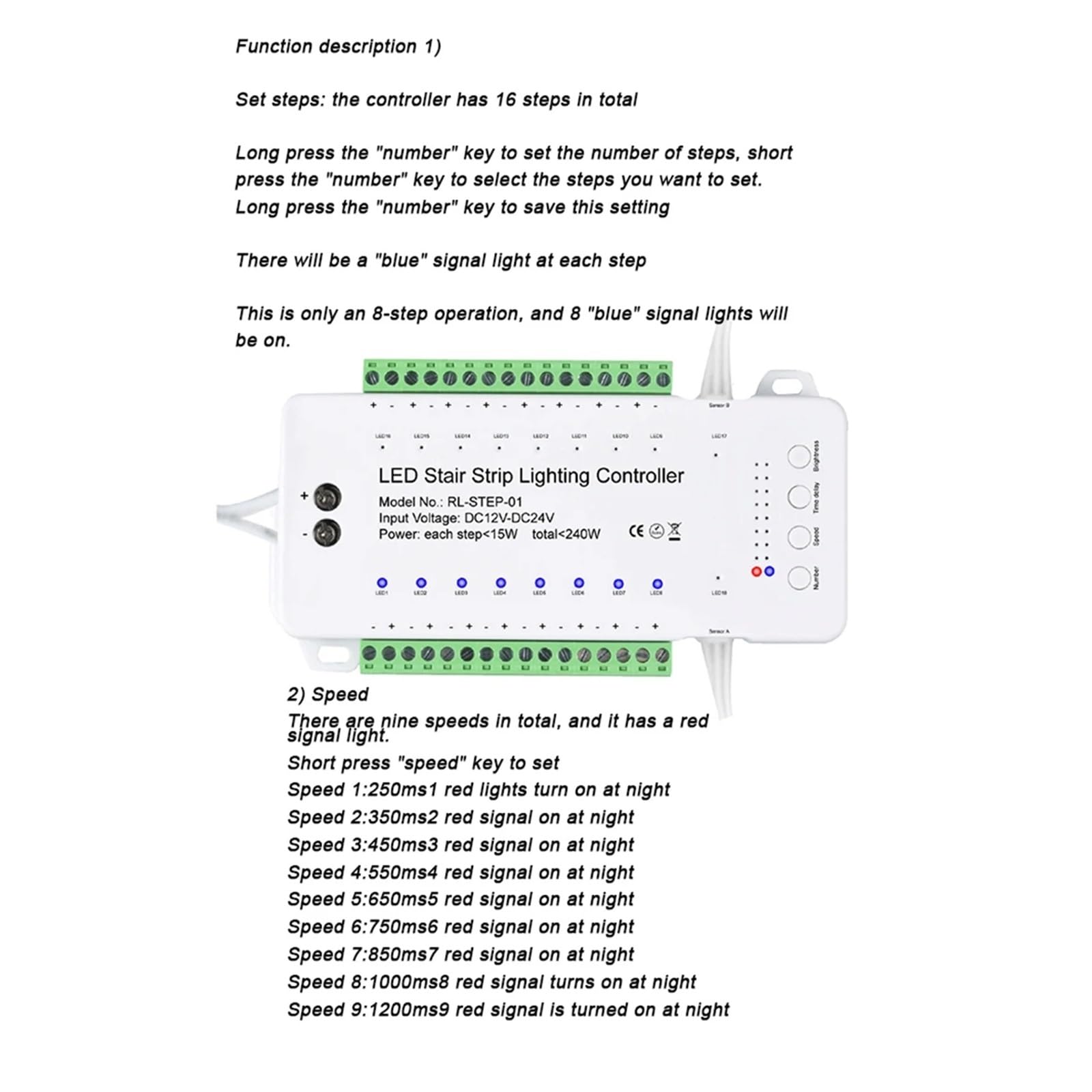 Controlador LED Regulable For Escaleras, 16 Canales, Sensor De Movimiento PIR Dual, Tira De Luz For Escalones, Controlador For Tira De Lámparas.