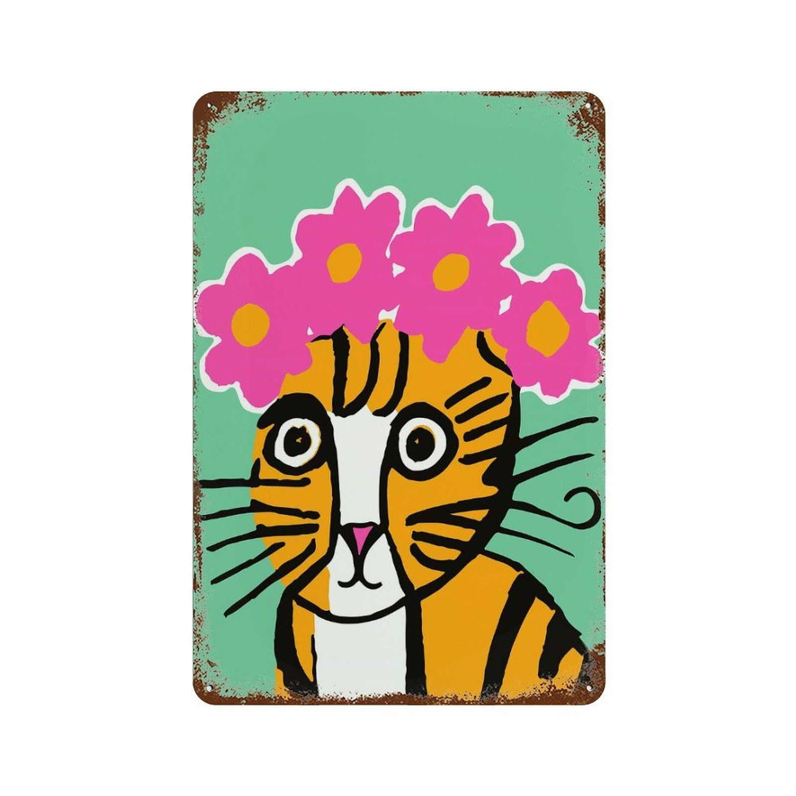Cat with Flower Crown On Distressed Metal Wall Sign 11.8"x7.9", Ideal for Patio, Garden Room And Bar Decor