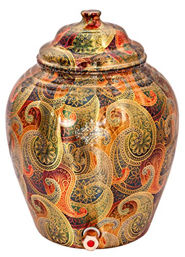 Image of Indian Art Villa Printed Paisley Design Copper Water Dispenser Pot Matka, Stoarage, Home Garden, 6 LTR