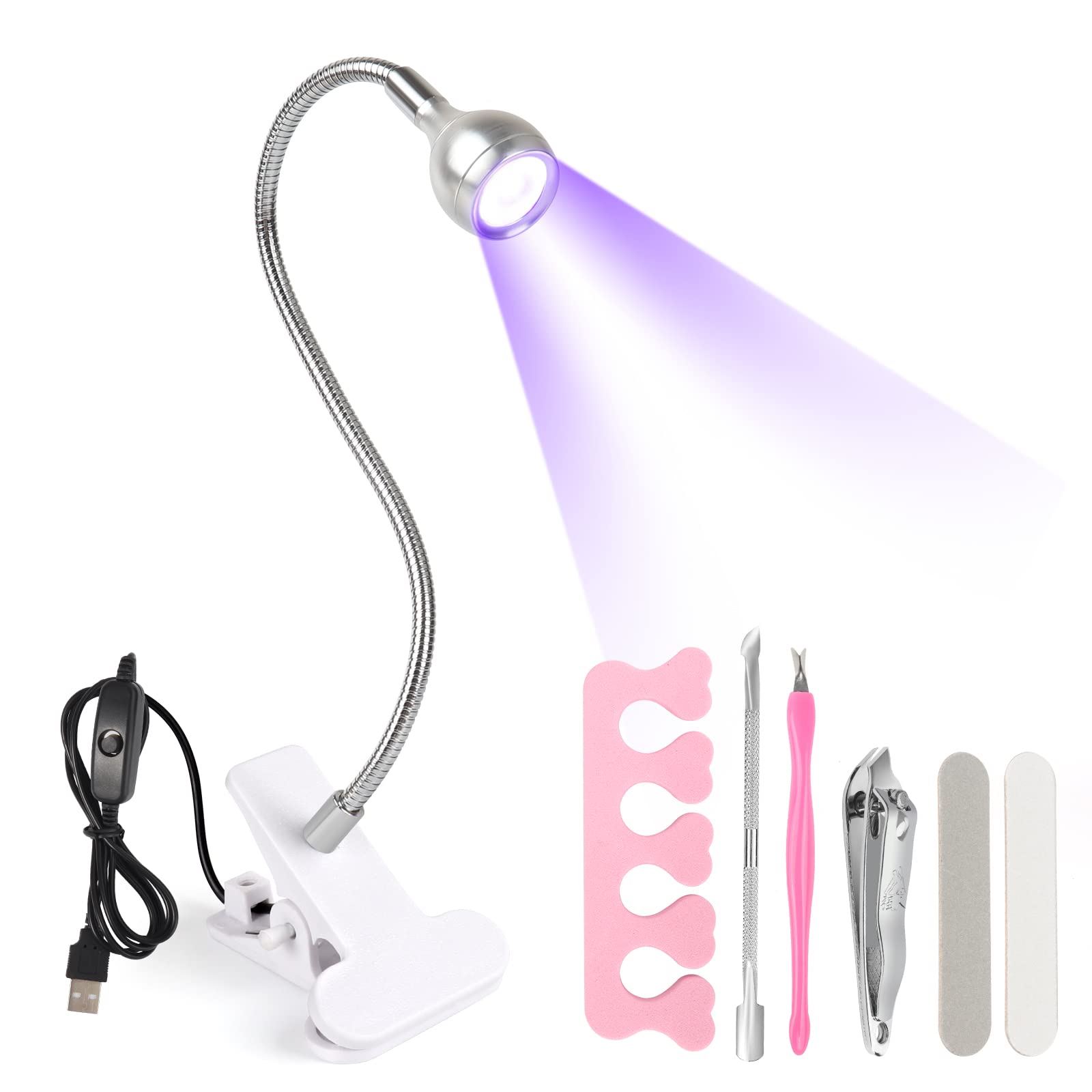 LIONVISON UV Nail Lamp, Gooseneck LED Lamp with 4 Adjustable Intensity for Polish Curing, 5W Rotatable Mini Gel Dryer Securing Clip Home DIY Salon Manicure（Silver）, 1.0 count