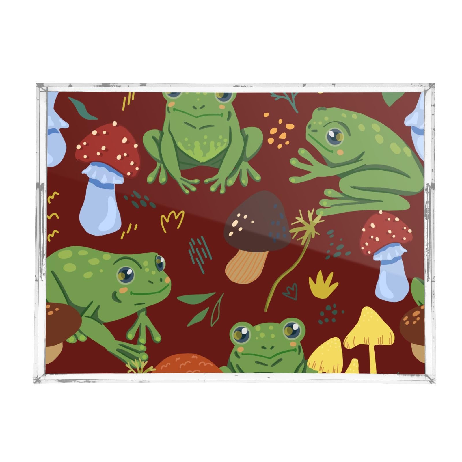 Bandeja transparente de acrílico con bonitas ranas y hongos personalizados, bandeja transparente con asas, bandejas transparentes de 12 x 16 pulgadas, bandejas transparentes para servir alimentos a