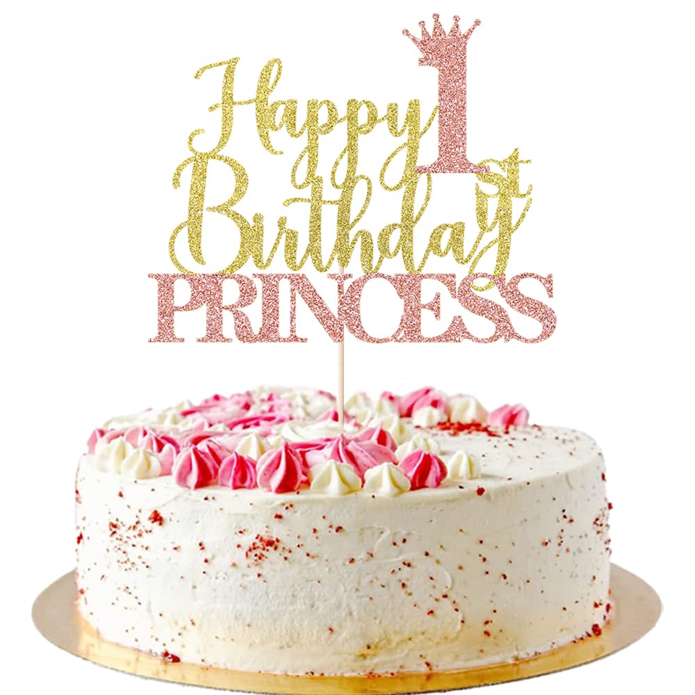 AROKIPPRY Princess 1st Birthday Cake Topper - Crown Girl baby shower, Gender reveal,girls 1st birthday party decoration supplies Pink & Gold Glitter