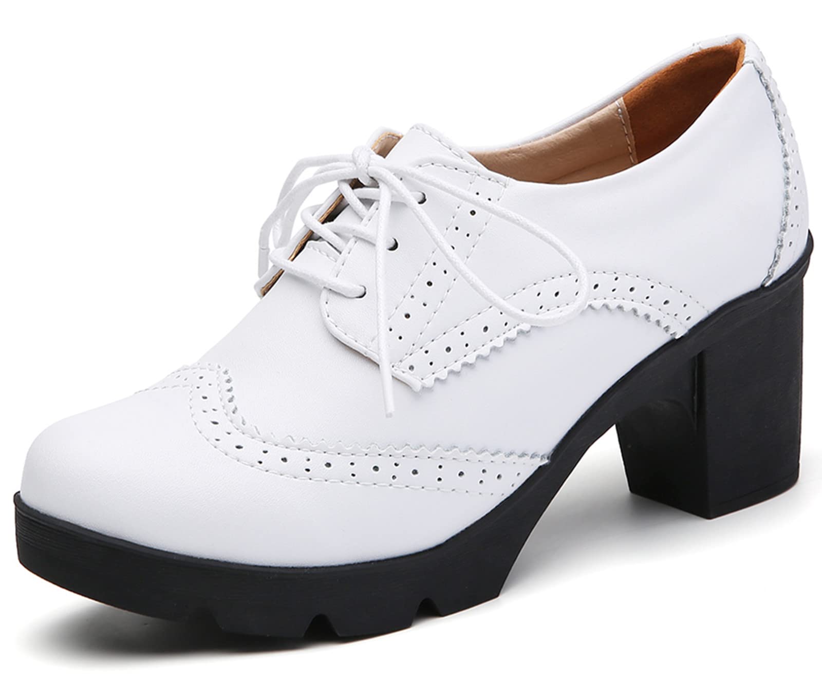 DADAWEN Women's Classic T-Strap Platform Mid-Heel Square Toe Oxfords Dress Shoes