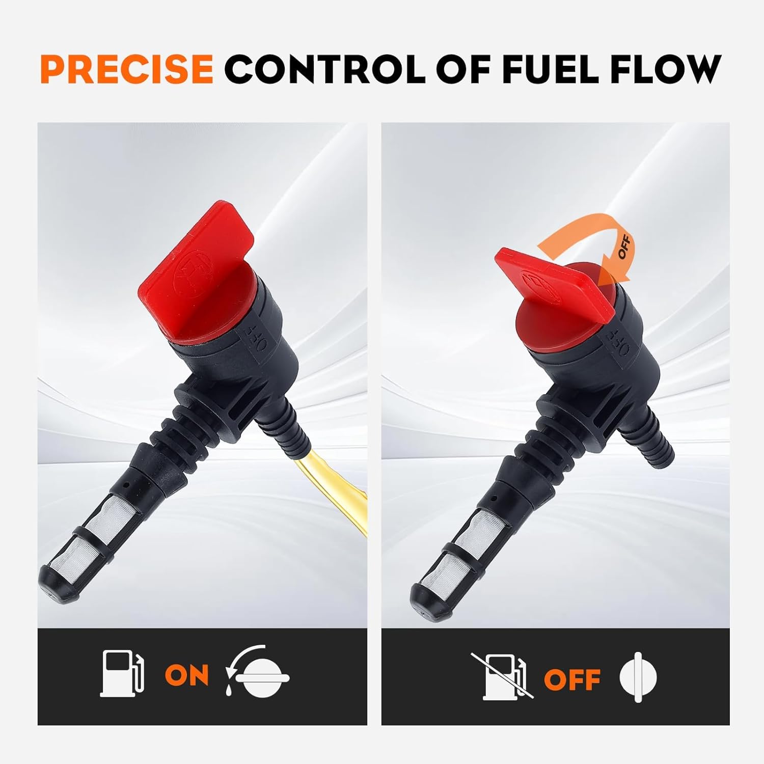Hipa 192980GS Fuel Shut Off Valve showing 'ON' and 'OFF' positions with fuel flow indicators
