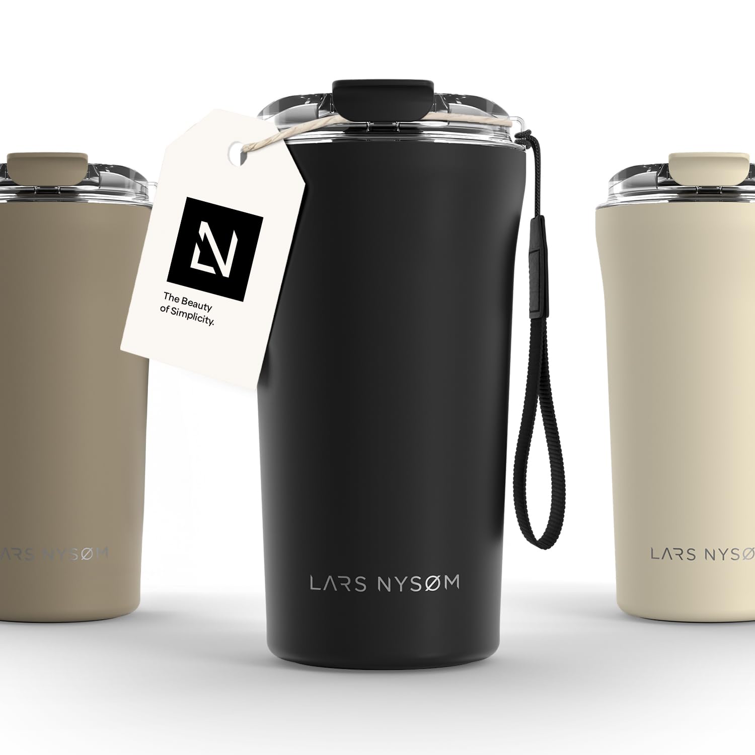 LARS NYSØM Thermo Coffee Mug-to-go with Strap 17oz | Travel Mug 0.5 Liter with Insulation | Leak Proof Stainless Steel Thermal Tumbler for Coffee and Tea to Go (Carbon Black, 500ml)