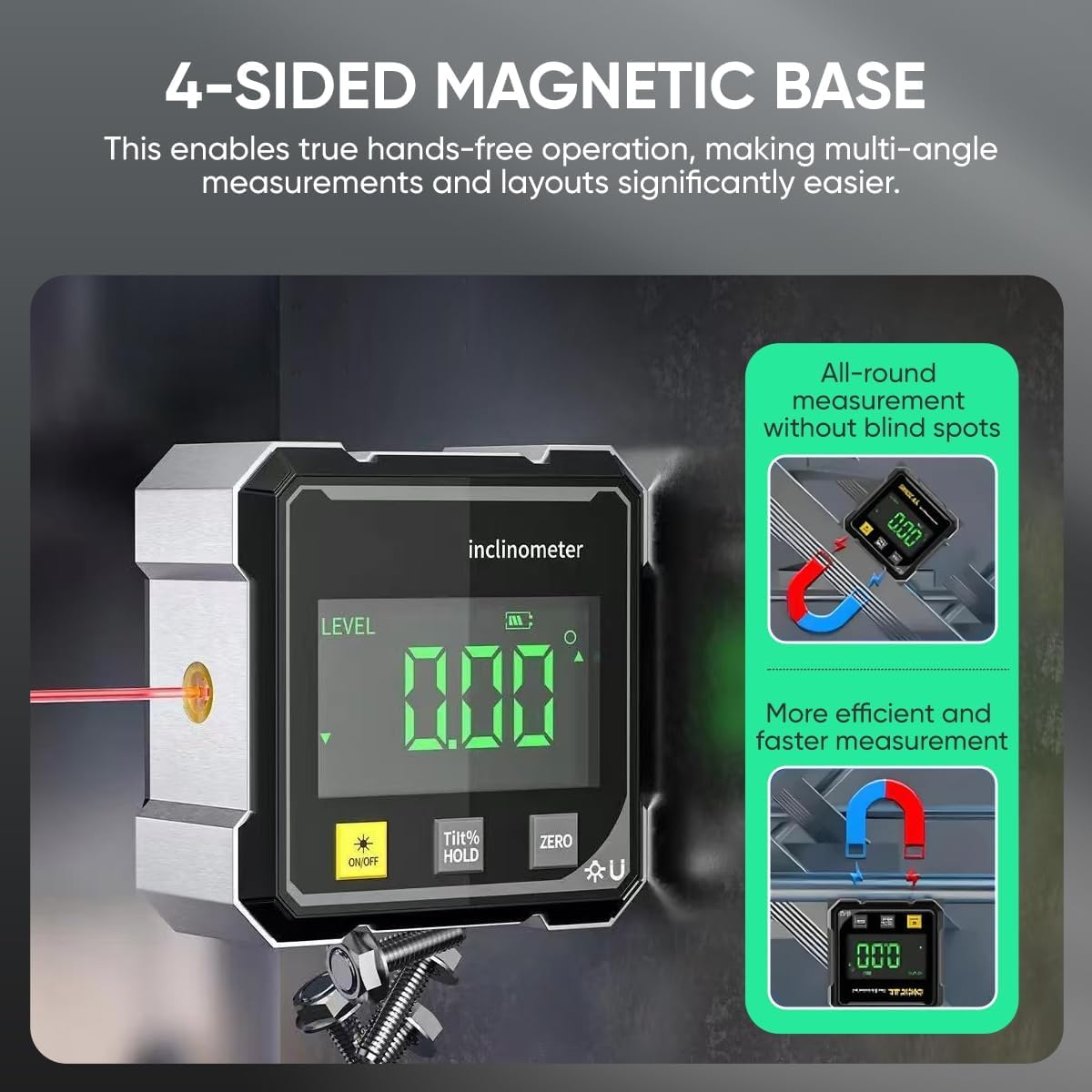 Strumento di misurazione digitale angolare, goniometro magnetico a 4 lati, strumento di misurazione magnetico con display LCD e ricarica USB-C per falegnameria, edilizia e fai da te