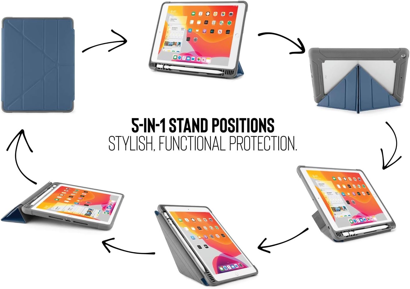 Buy 2 get 3 PIPETTO iPad 10.2 Inch Case (8th Generation 2020/7th Generation 2019) Origami Shield | 5-in-1 Stand Position Shockproof TPU Cover | Navy