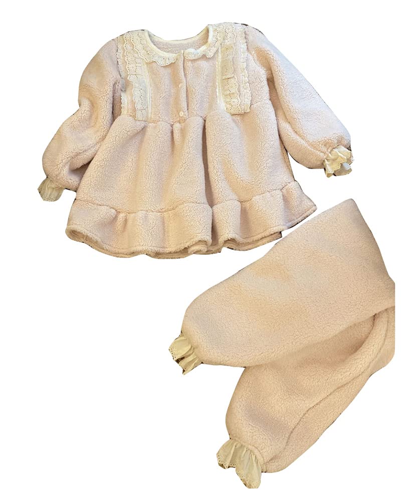 Donna Principessa Vittoriana Carino Dolce Sciolto Pigiama in Pile 2 Pezzi Top e Pantaloni Cozy Flanella Loungewear Sleepwear Tinta Unita Indumenti da Notte Abbigliamento per la casa