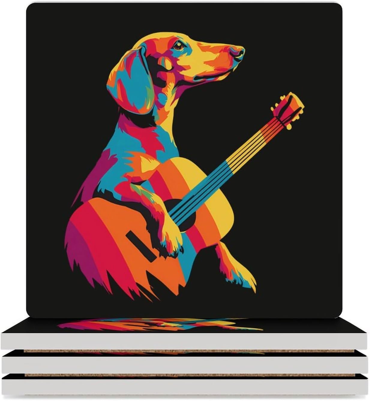 Dachshund Playing Guitar Coaster for Drinks Square Ceramic Table Coasters Stone Mat Crafts 4PCS Home Kitchen Decor