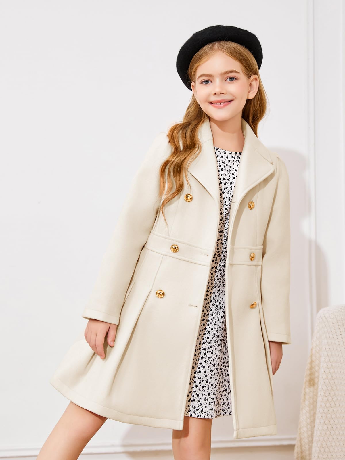 Haloumoning Abrigo de invierno para niñas, con botones, solapa de muesca, doble botonadura, con bolsillos, 5-14 años