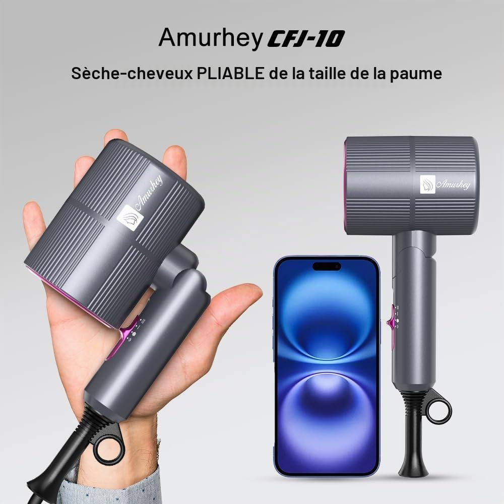 Sèche-cheveux ionique avec flux d'air de 24 m/s Amurhey – Léger & Pliable (env. 250 g)– Sèche-cheveux de voyage 2000 W avec Concentrateur & diffuseur – Hair Dryer Moteur sans balais 110 000 tr/min