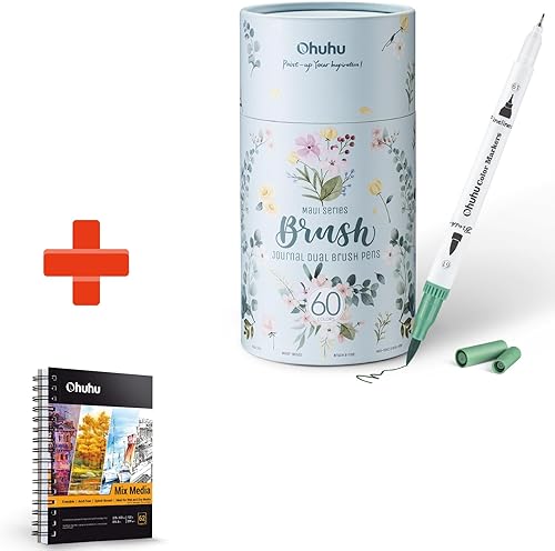 Ohuhu Art Marker - Pincel para colorear de doble punta, bolígrafos de color con punta fina + almohadilla de medios, Ohuhu - Cuaderno de bocetos de