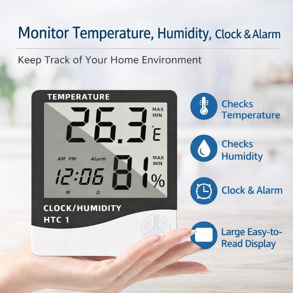 HTC-1 Digital Hygrometer Thermometer with LCD Display, Humidity and Temperature Meter with Clock and Calibration Certificate 2