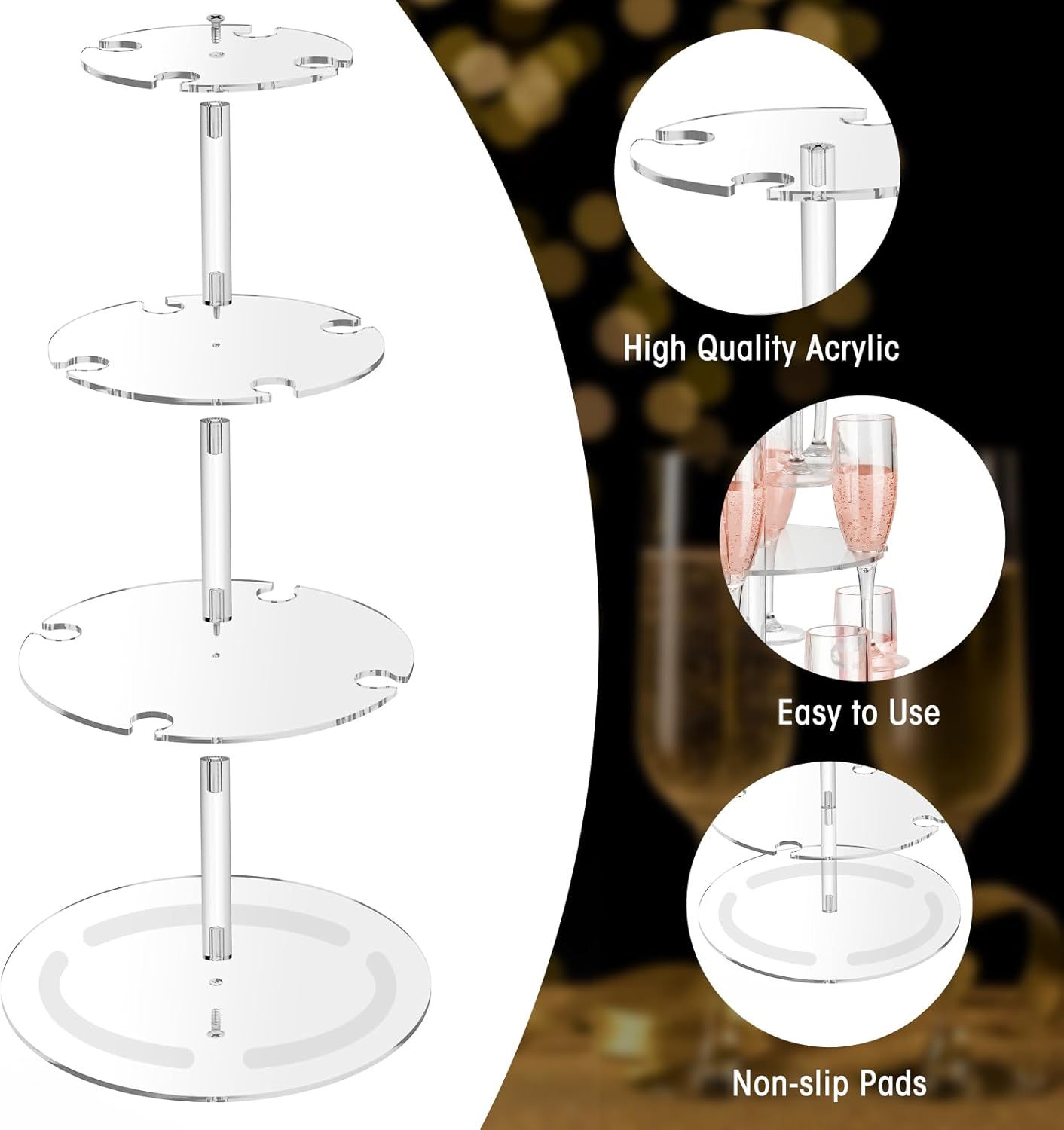 NiHome 3-Tier Clear Acrylic Champagne Tower with String Light, 12-Glass Cocktail Tree Stand Wine Rack, Weddings Parties Bars Drink Tower for Champagne, Cocktails, Martini, Margarita Cups