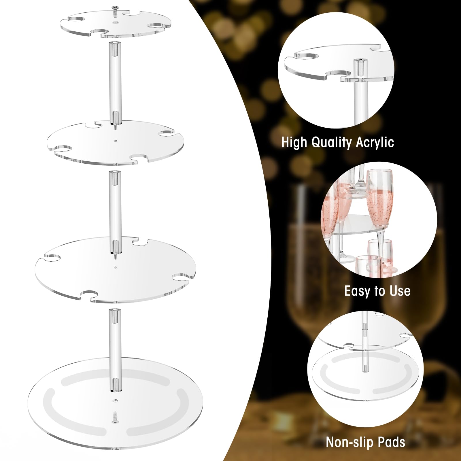NiHome Casier à champagne à 3 étages en acrylique transparent pour 12 verres à vin, haute transparence et matériau durable, design polyvalent pour mariages, fêtes, bars, grande capacité avec base de