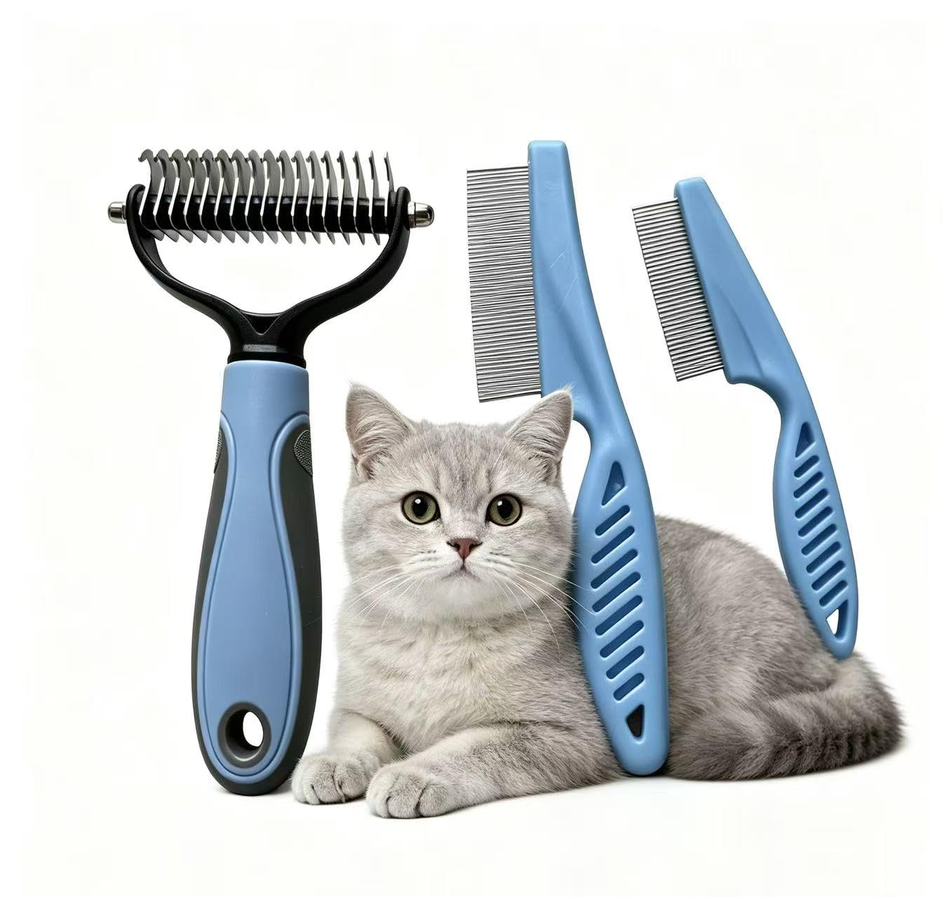 Pet Dematting Comb Kit, 1pc Double Sided Undercoat Rake for Mats & Tangles + 2Pcs Metal P…