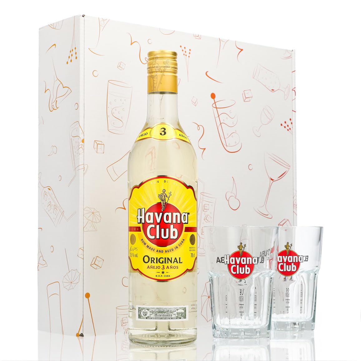 Sipply Geschenkset 3-teilig mit 2 Longdrinkglas Standard Gläser und 1 Flasche Havana Club 0,7l 37,5% Vol. | mit Geschenkverpackung: Weiß | Geschenk für Frauen Männer Freundin zu Weihnachten Ostern