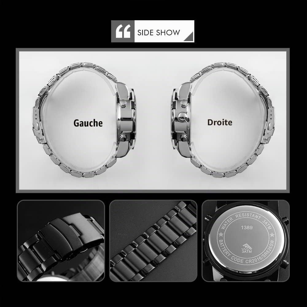 Mode Acier Inoxydable Montres Bracelet de Homme Analogique Quartz LED Digital Temps Trois Outdoor Multifonctionnel Montre Alarme Chronomètre 12H/24H Calendrier Décontracté Style
