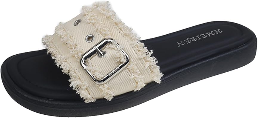 Round Open Toe Canvas Slide Sandals for Women,Summer Comfort Buckle Decoration Outdoor Beach Slipper,Daily Casual Non-Slip Slidesc